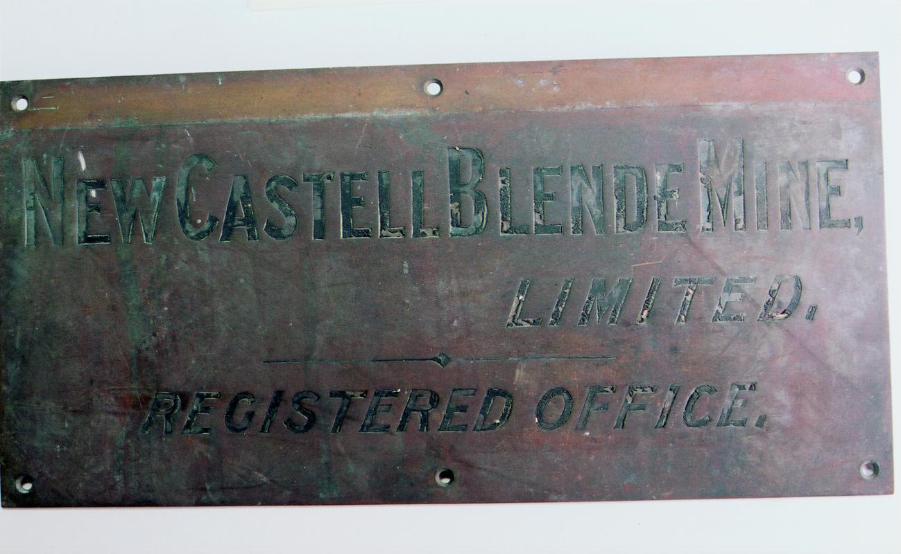 Bronze nameplate for "New Castell Blende Mine Ltd. Registered Office"