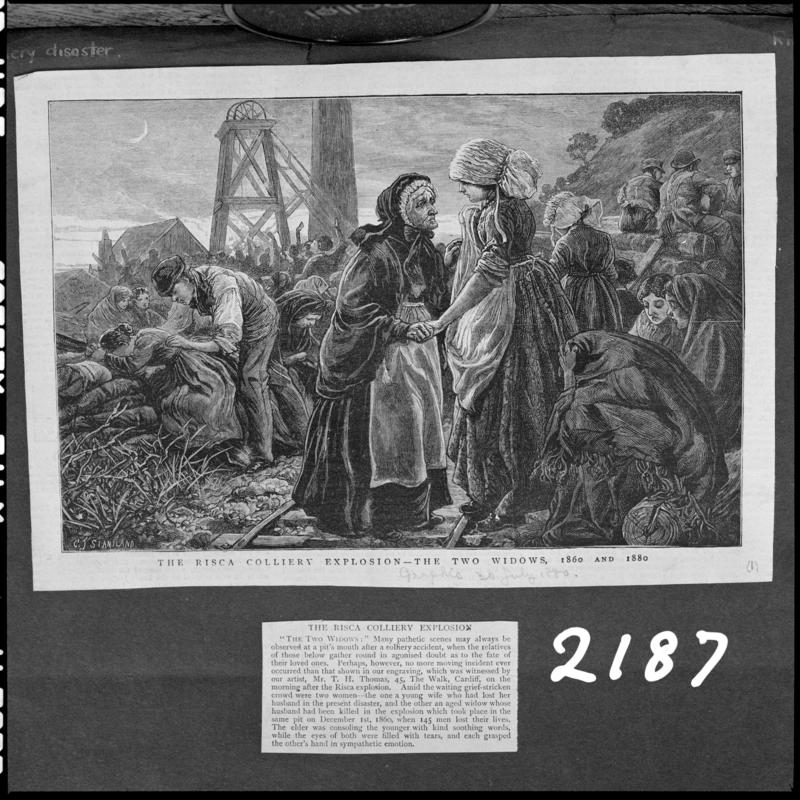 Black and white film negative showing a sketched illustration from a publication depicting two widows from both Risca Colliery explosions, the first during the 1860s and the second during the 1880s.  'Risca' is transcribed from original negative bag.