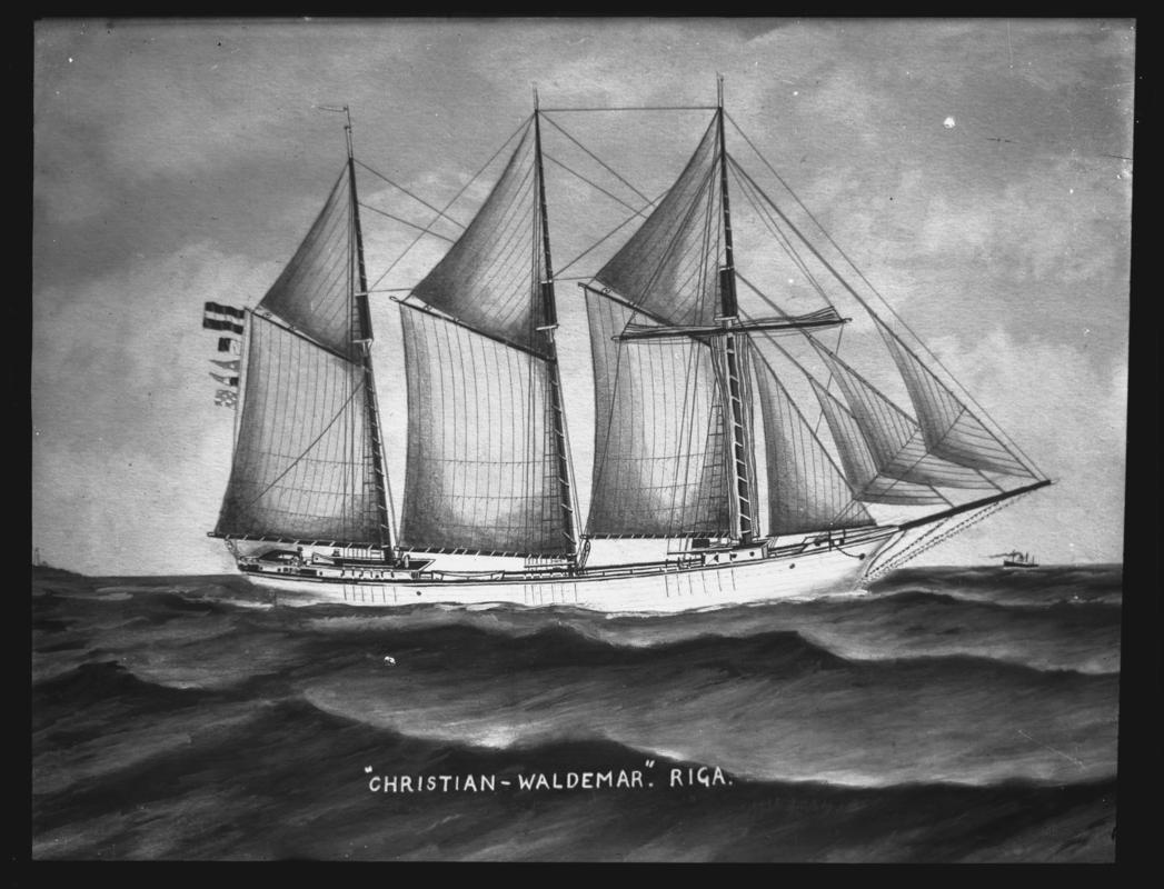 Photograph of a painting showing a starboard broadside view of the three-masted schooner CHRISTIAN WALDEMAR of Riga.  Title of painting is ''CHRISTIAN-WALDEMAR. RIGA''