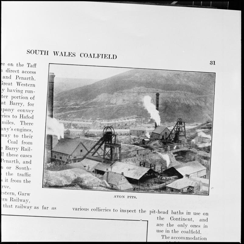 Black and white film negative showing a general surface view of Avon Colliery, photographed from a publication.  'Avon Colliery' is transcribed from original negative bag.