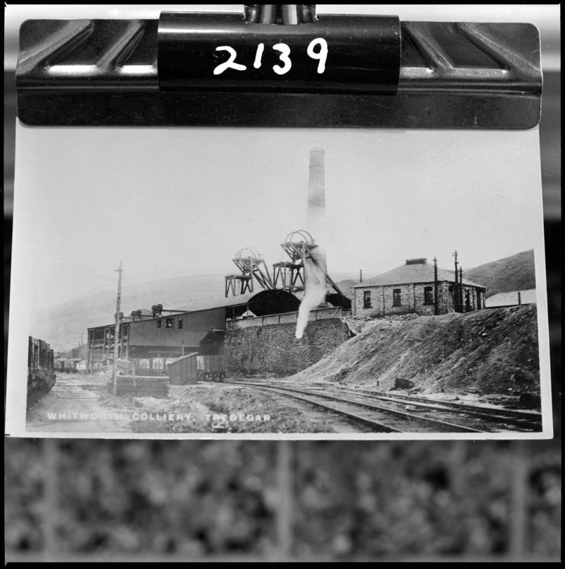 Black and white film negative of a photograph showing a general surface view of Whitworth Colliery, Tredegar.  'Whitworth' is transcribed from original negative bag.