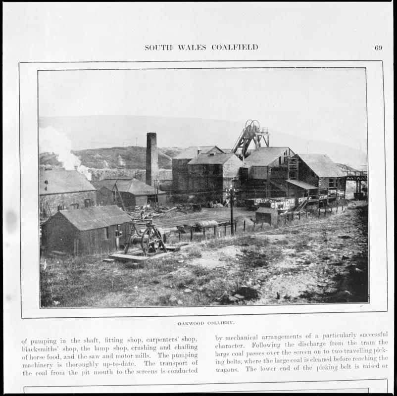Black and white film negative showing a general surface view of Oakwood Colliery, photographed from a publication.  'Oakwood Colliery' is transcribed from original negative bag.