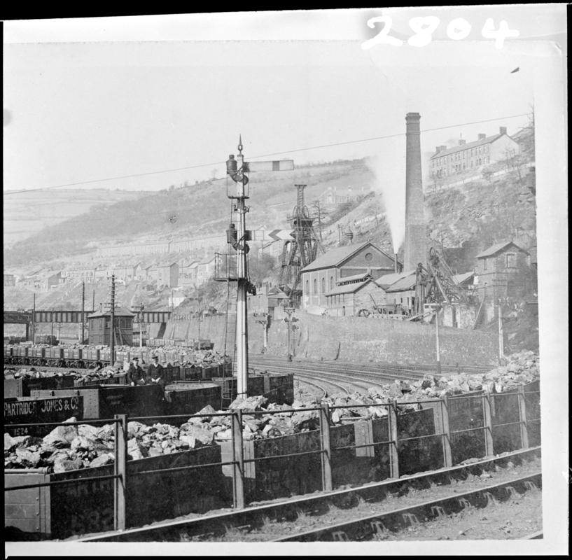 Black and white film negative of a photograph showing a surface view of Llanhilleth Colliery c.1905.  'Llanhilleth' is transcribed from original negative bag.