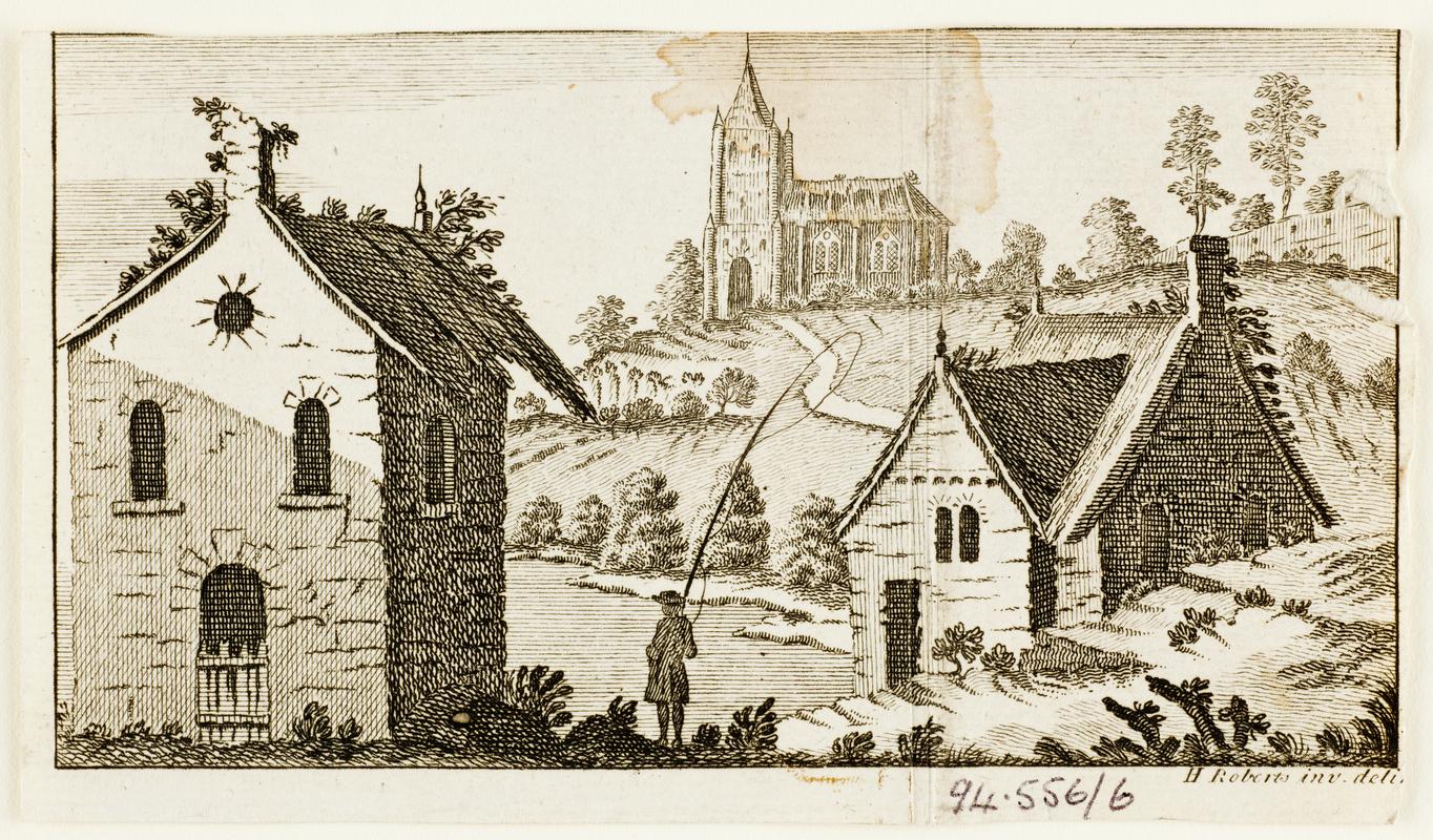 print showing landscape with church, two houses and a man fishing
