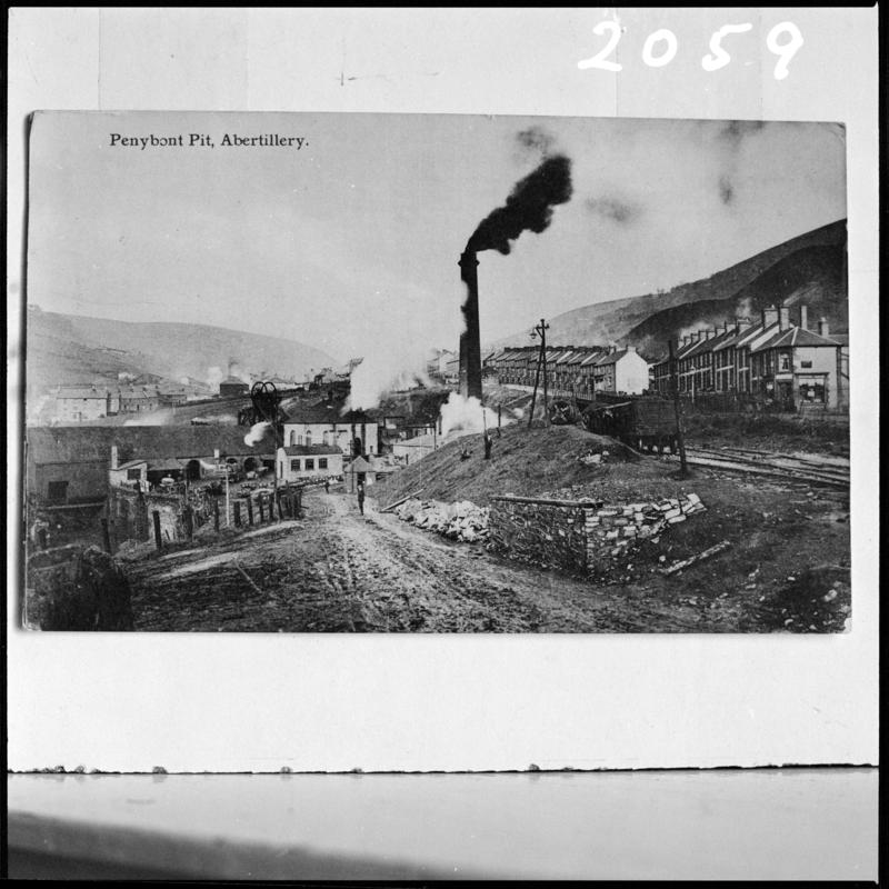 Black and white film negative of a photograph showing a general surface view of Penybont Pit, Abertillery.    'Penybont, Abertillery' is transcribed from original negative bag.