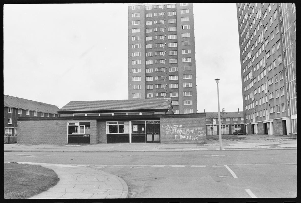 Two blocks of flats in Loudoun Square, Butetown.