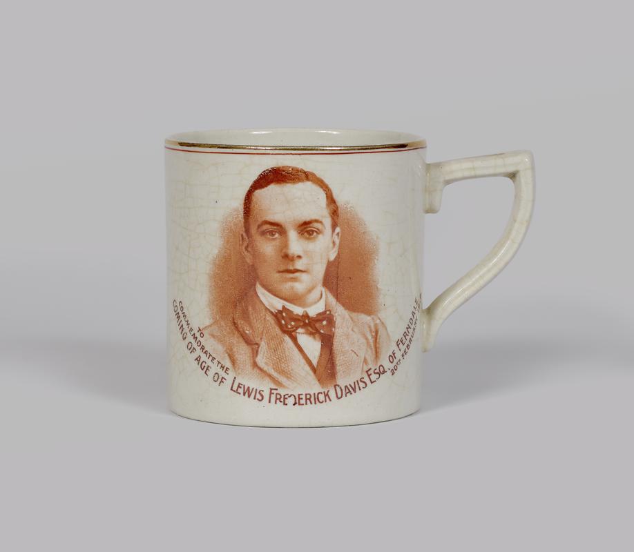 Ceramic mug celebrating the coming of age of Lewis Frederick Davis Esq. of Ferndale on 20 February 1912.