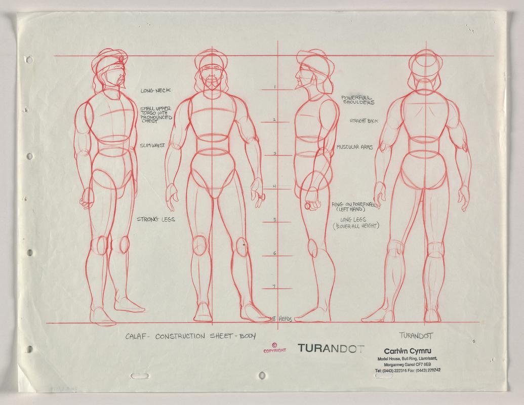 Turandot animation construction sheet for the character Calaf. Stamped with production company name.