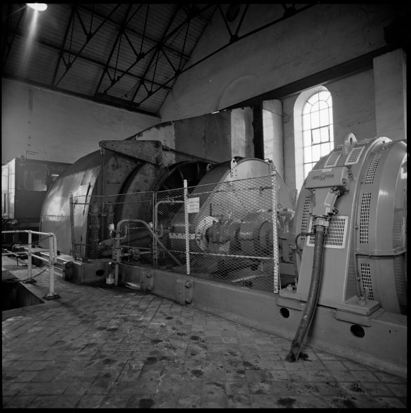 Black and white film negative showing a winding engine, Deep Duffryn Colliery 1980.  'Deep Duffryn and Deep Navigation 1980' is transcribed from original negative bag.