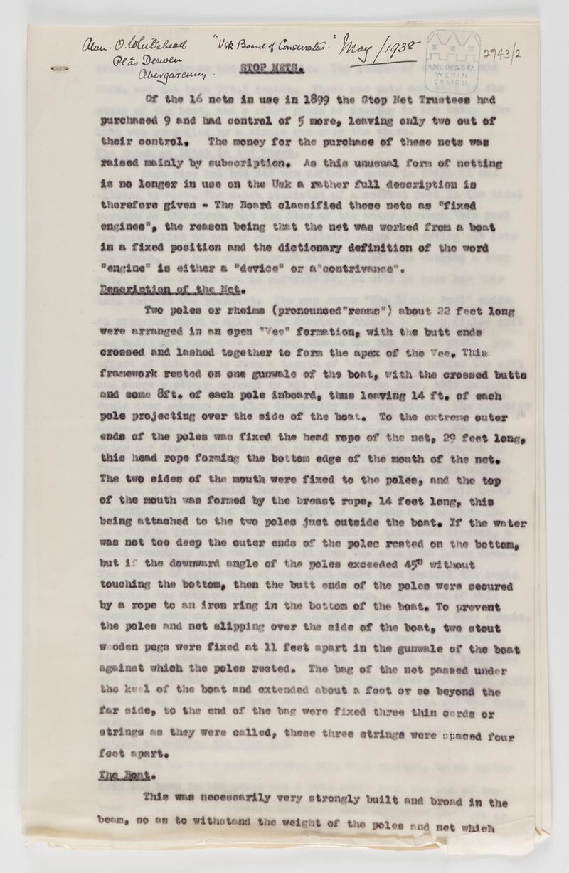 Typed notes by Alan Q. Whitehead of Abergavenny describing 'the last Salmon Stop Net' used on the River Usk.