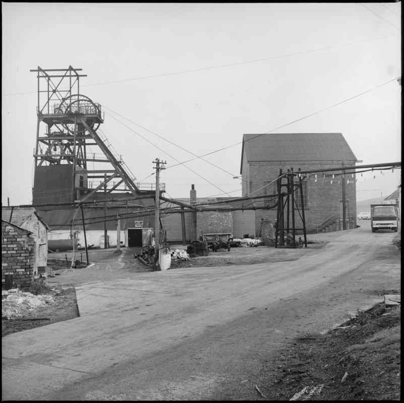 Black and white film negative showing the headgear and engine house, Big Pit Colliery.