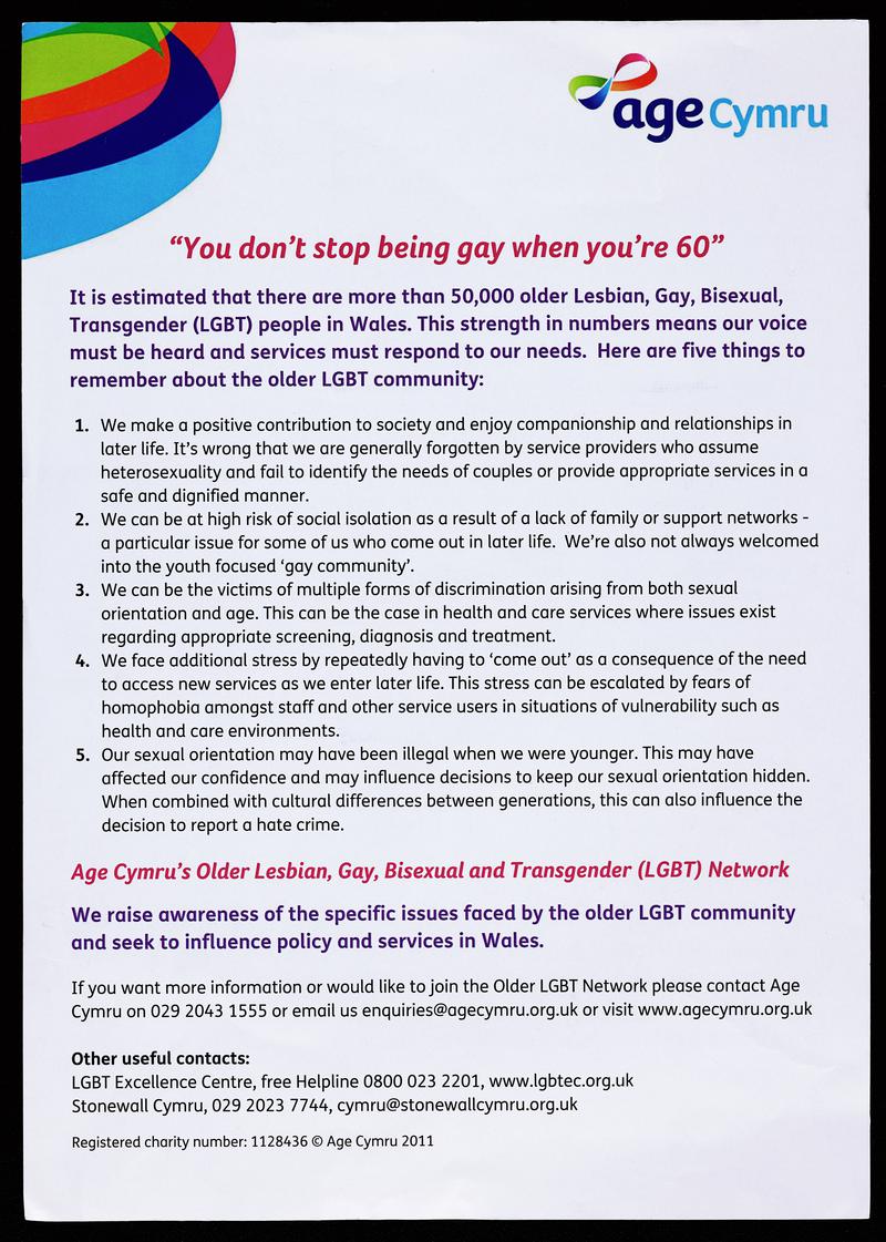 Age Cymru bilingual leaflet 'Nid ydych yn stopio bod yn hoyw yn 60 oed' / 'You don't stop being gay when you're 60'.