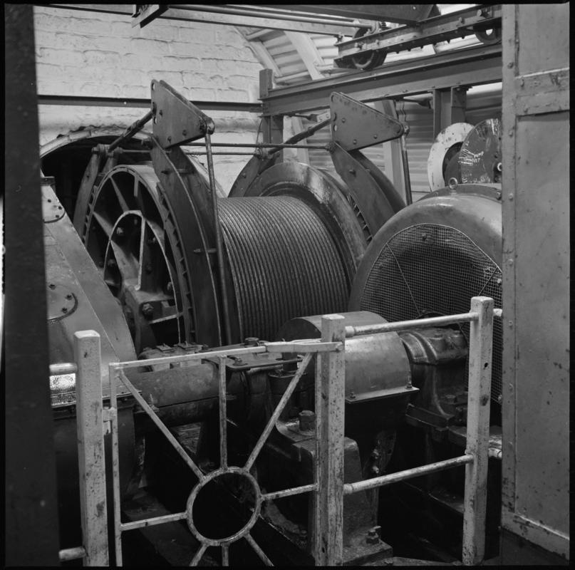 Black and white film negative showing a haulage engine, Nantgarw Colliery.  'Nantgarw' is transcribed from original negative bag.