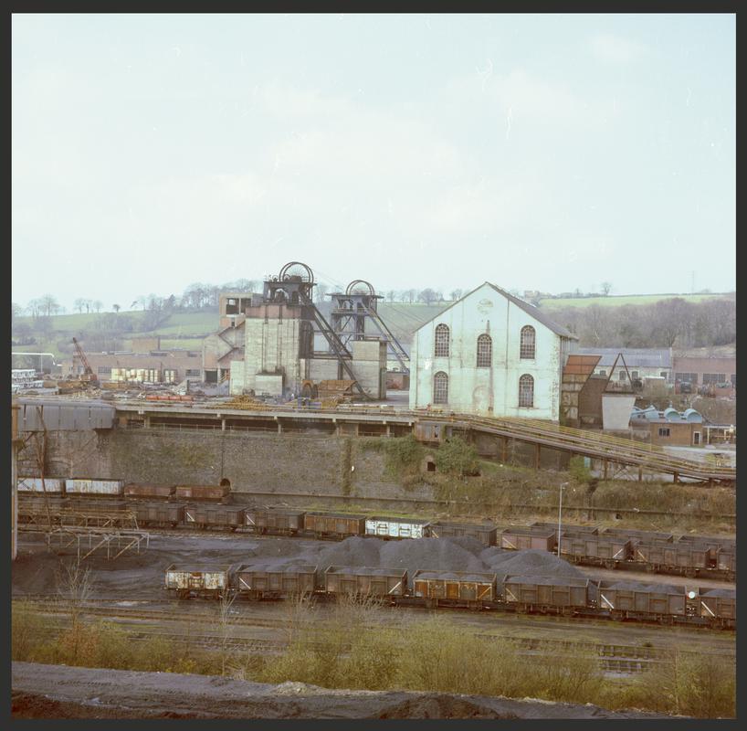 Colour film negative showing a surface view of Cwm Colliery, April 1981.