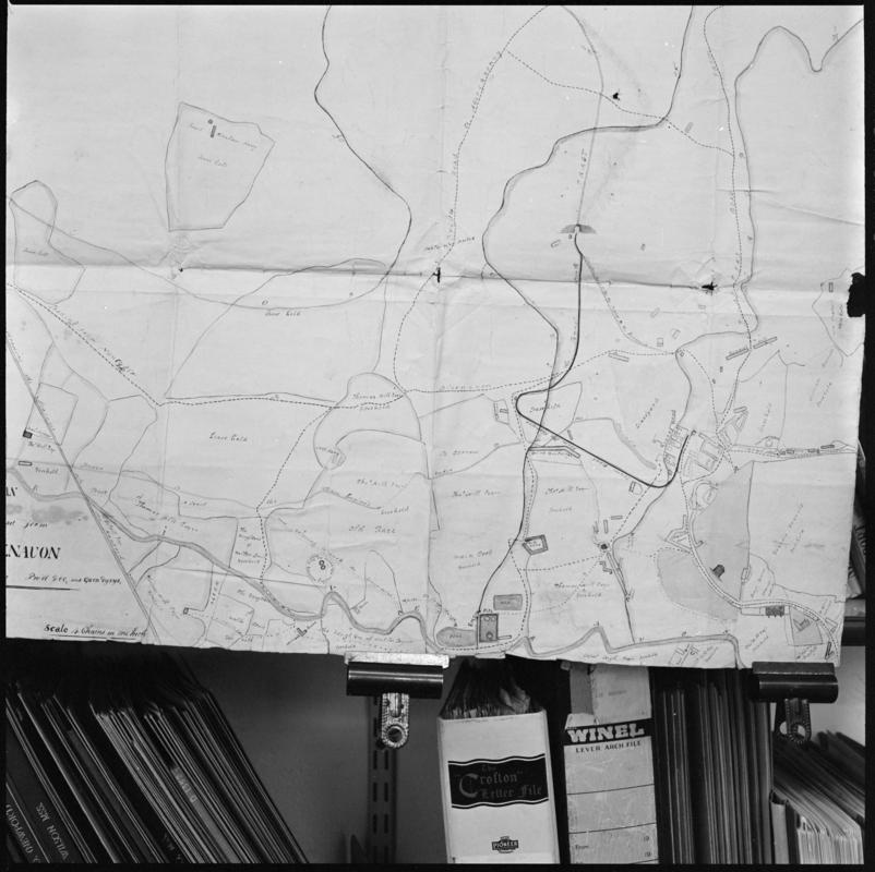 Black and white film negative showing a map of the Blaenavon area and Iron Works by Thomas Deakin dated 1819.  'Blaenavon Plan' is transcribed from original negative bag.