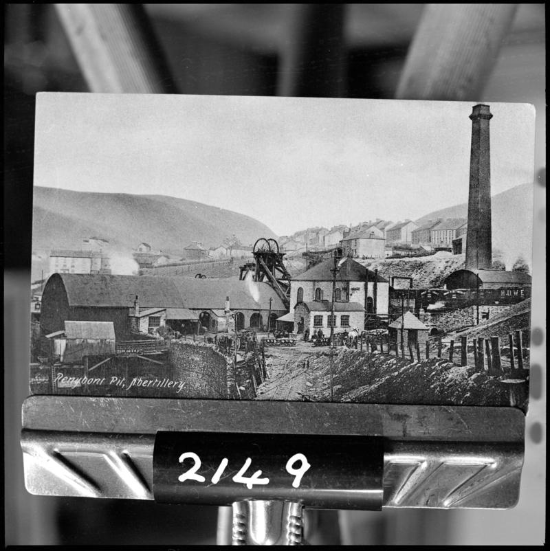 Black and white film negative of a photograph showing a general surface view of Penybont Pit, Abertillery.  'Penybont Abertillery' is transcribed from original negative bag.