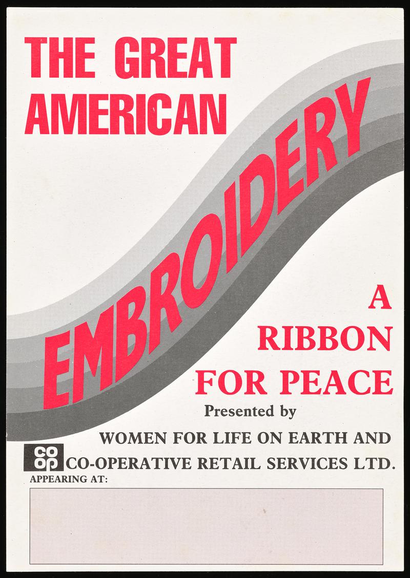Double sided flyer 'The Great American Embroidery A Ribbon For Peace'.