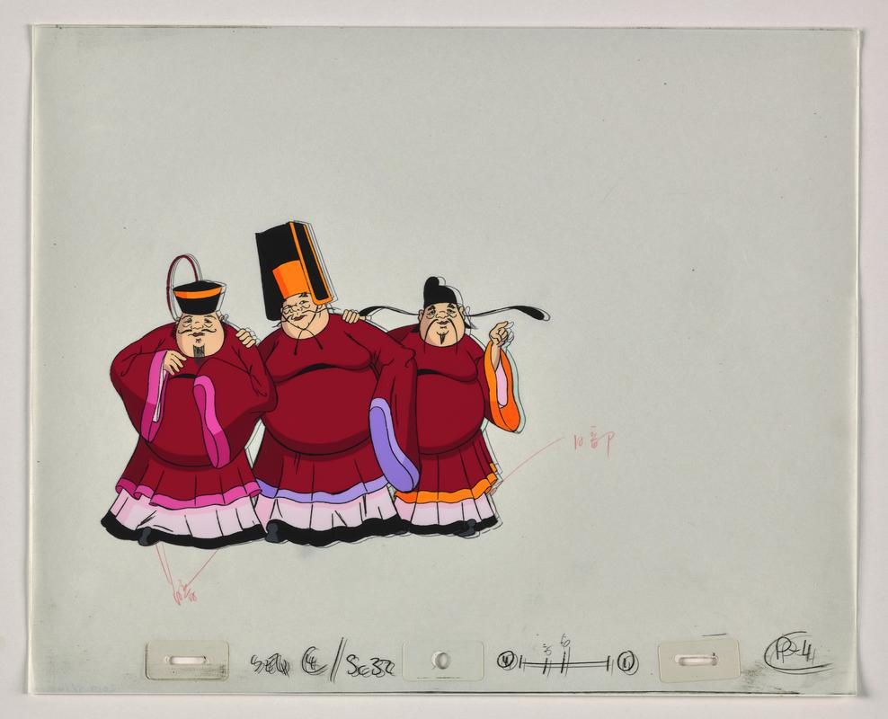 Turandot animation production artwork showing three ministers. Sketch on paper overlaid with cellulose acetate.