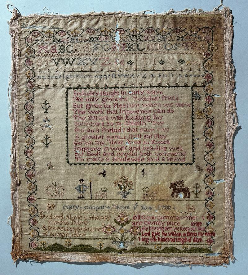 Sampler (alphabet, verse & motifs), made in Cardiff, 1782