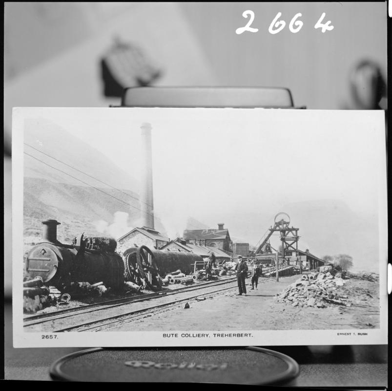 Black and white film negative of a photograph showing a surface view of Bute Colliery, Treherbert.  'Bute Colliery, Treherbert' is transcribed from original negative bag.