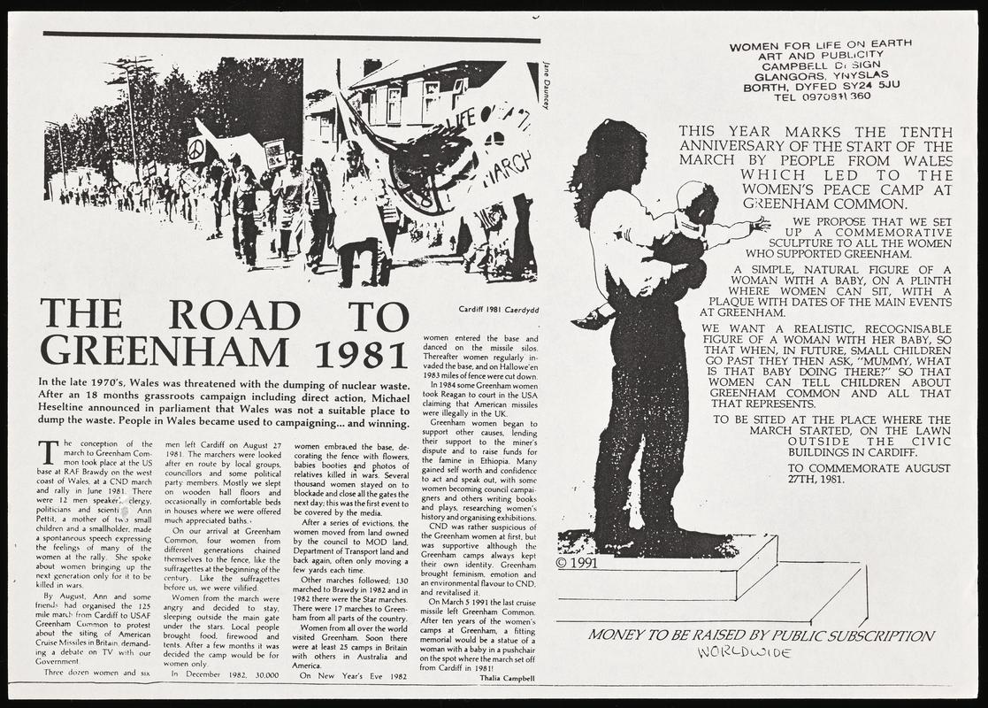 Single sided flyer The Road to Greenham 1981, to commemorate the tenth anniversary.