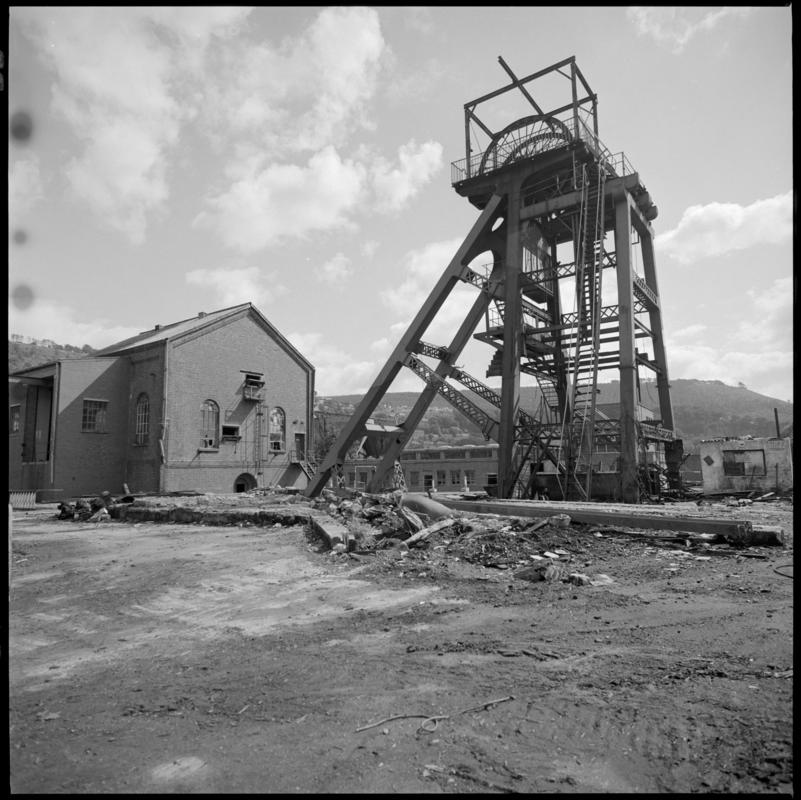 Black and white film negative of a photograph showing demolition at Celynen South Colliery, 1985.  'South Celynen' is transcribed from original negative bag.