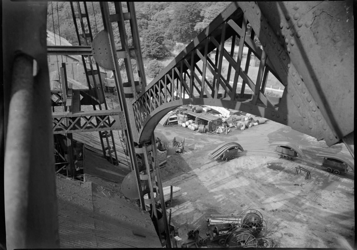 Black and white film negative showing a view of the yard taken from up the headgear, Deep Duffryn Colliery.