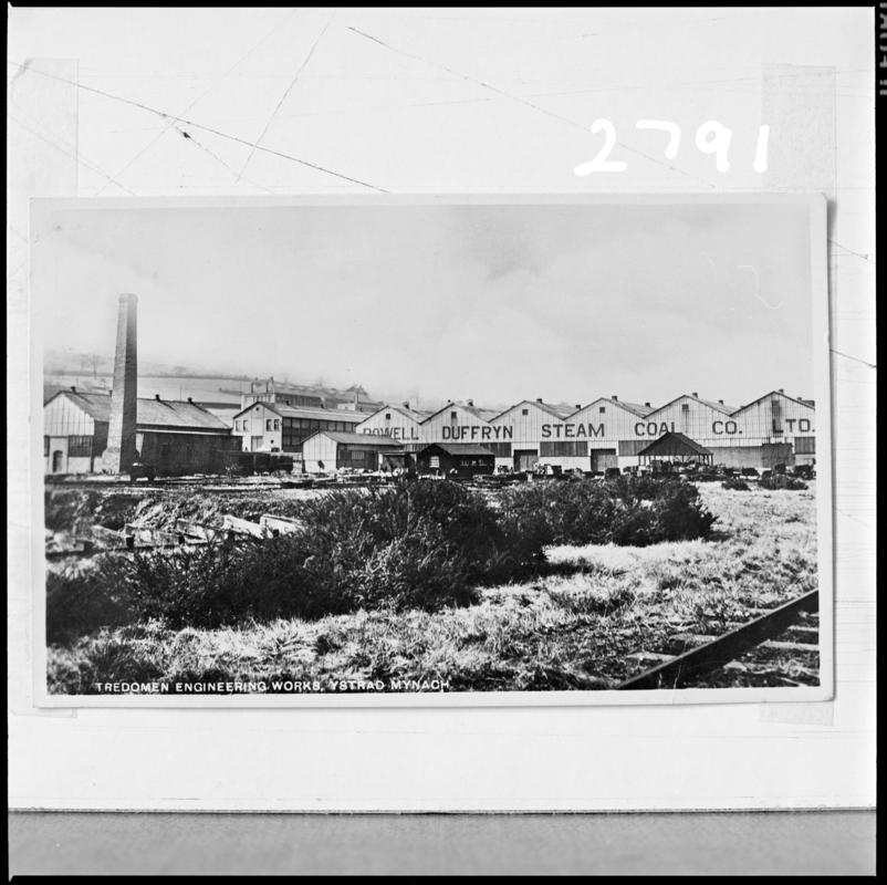 Black and white film negative of a photograph showing Tredomen Engineering Works, Ystrad Mynach.  'Tredomen' is transcribed from original negative bag.