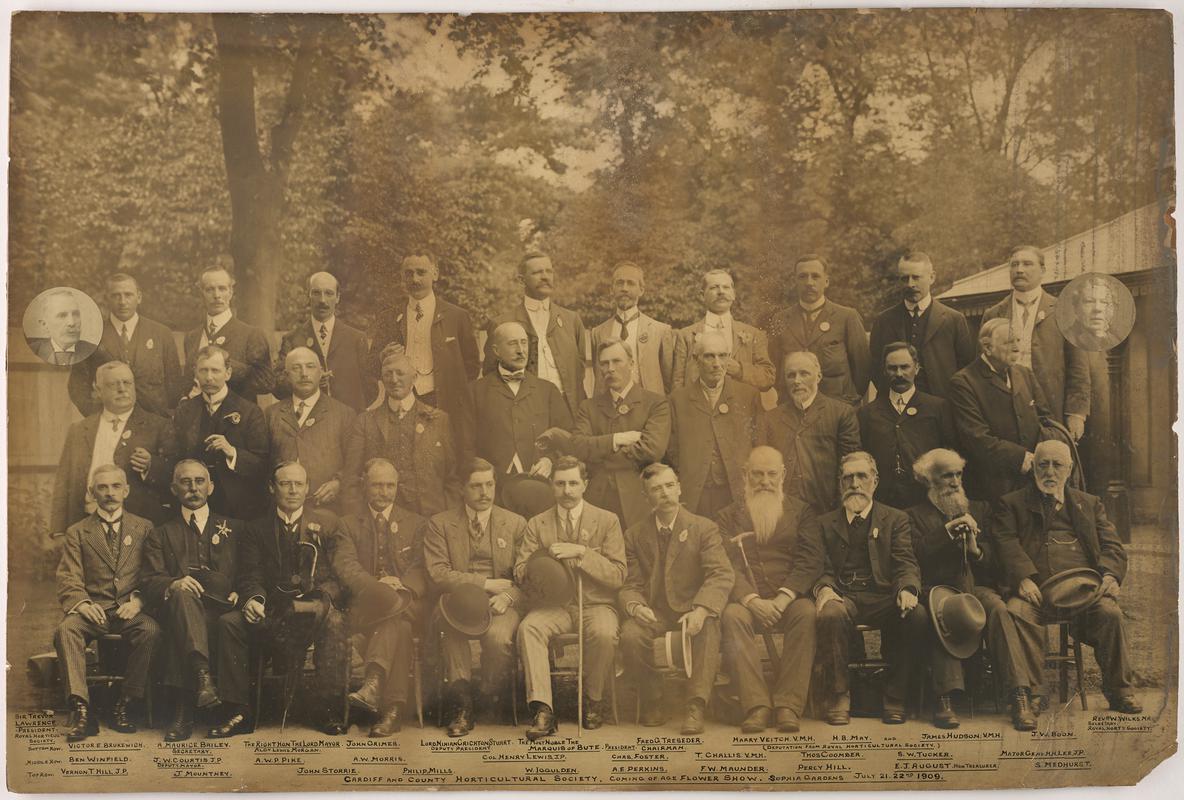 Committee members of Cardiff & County Agricultural Society, Coming of Age Flower show, Sophia Gardens, Cardiff.