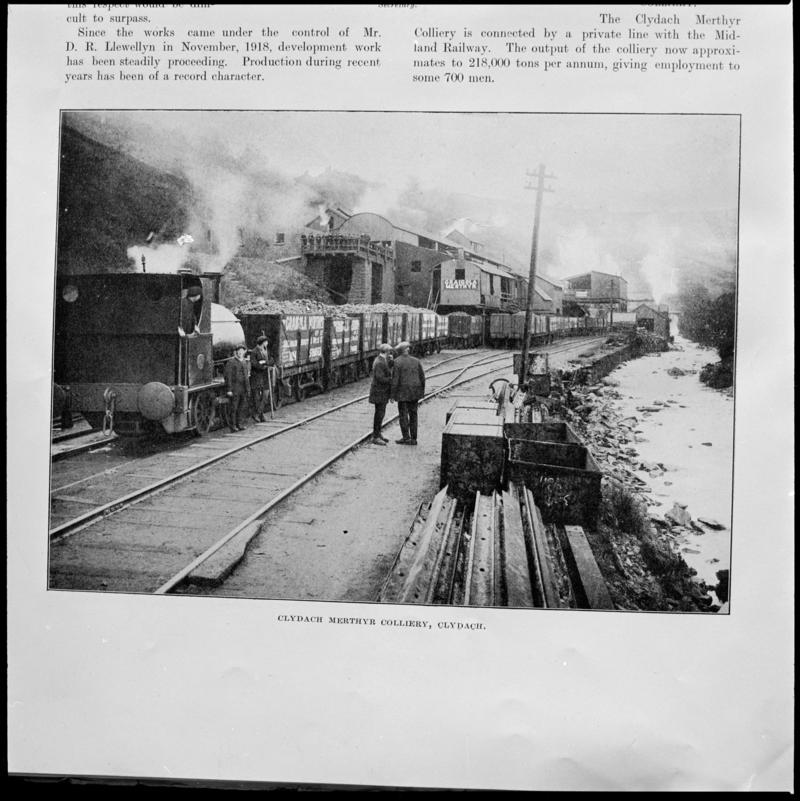 Black and white film negative showing a general surface view of Clydach Merthyr Colliery, photographed from a publication.  'Clydach Merthyr Colliery' is transcribed from original negative bag.