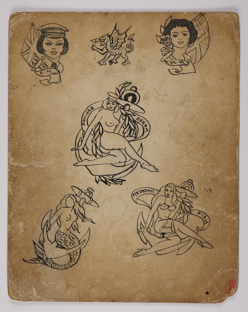 Tattoo flash: five nautical images of women and Welsh Dragon with ‘Cymru am byth’.