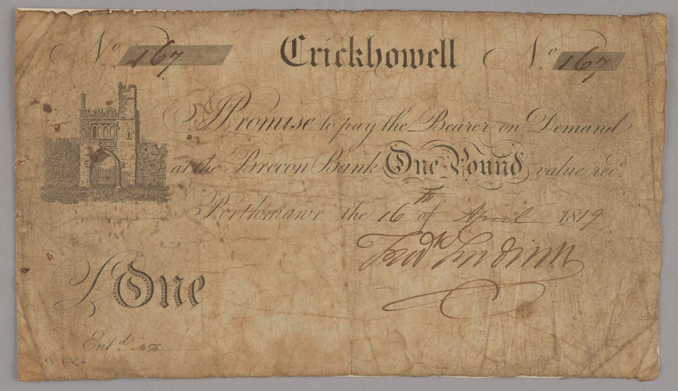 Brecon Bank, Crickhowell, one pound bank note, 1819