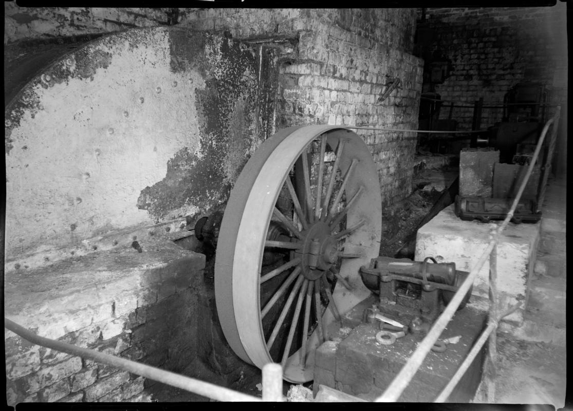 Black and white film negative showing an engine wheel, Blaendare Colliery.  'Blaendare' is transcribed from original negative bag.