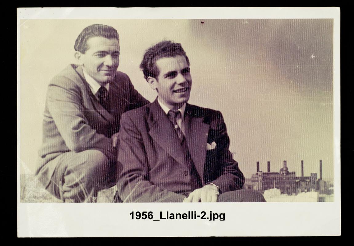 Adriano Canderlori and his brother-in-law in front of Llanelli power station (North Dock)