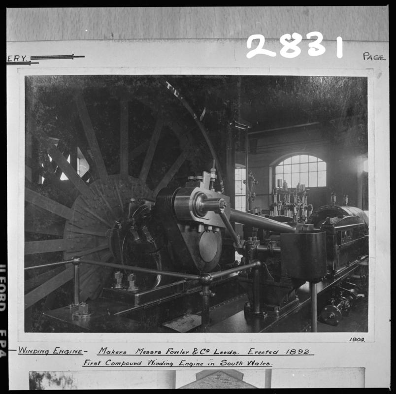 Black and white film negative of a photograph showing the Tymawr Colliery winding engine which was built by John Fowler & Co of Leeds in 1891.