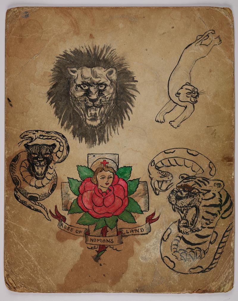 Tattoo flash: on card. One side has four images of big cats and snakes, and a coloured image of a nurse, flower and cross with the text ‘ROSE OF NO MANS LAND’. Other side has an image of a snake and a human head, and six smaller images of babies, women etc. (one obscured). Also a faint pencil sketch of a wading bird.