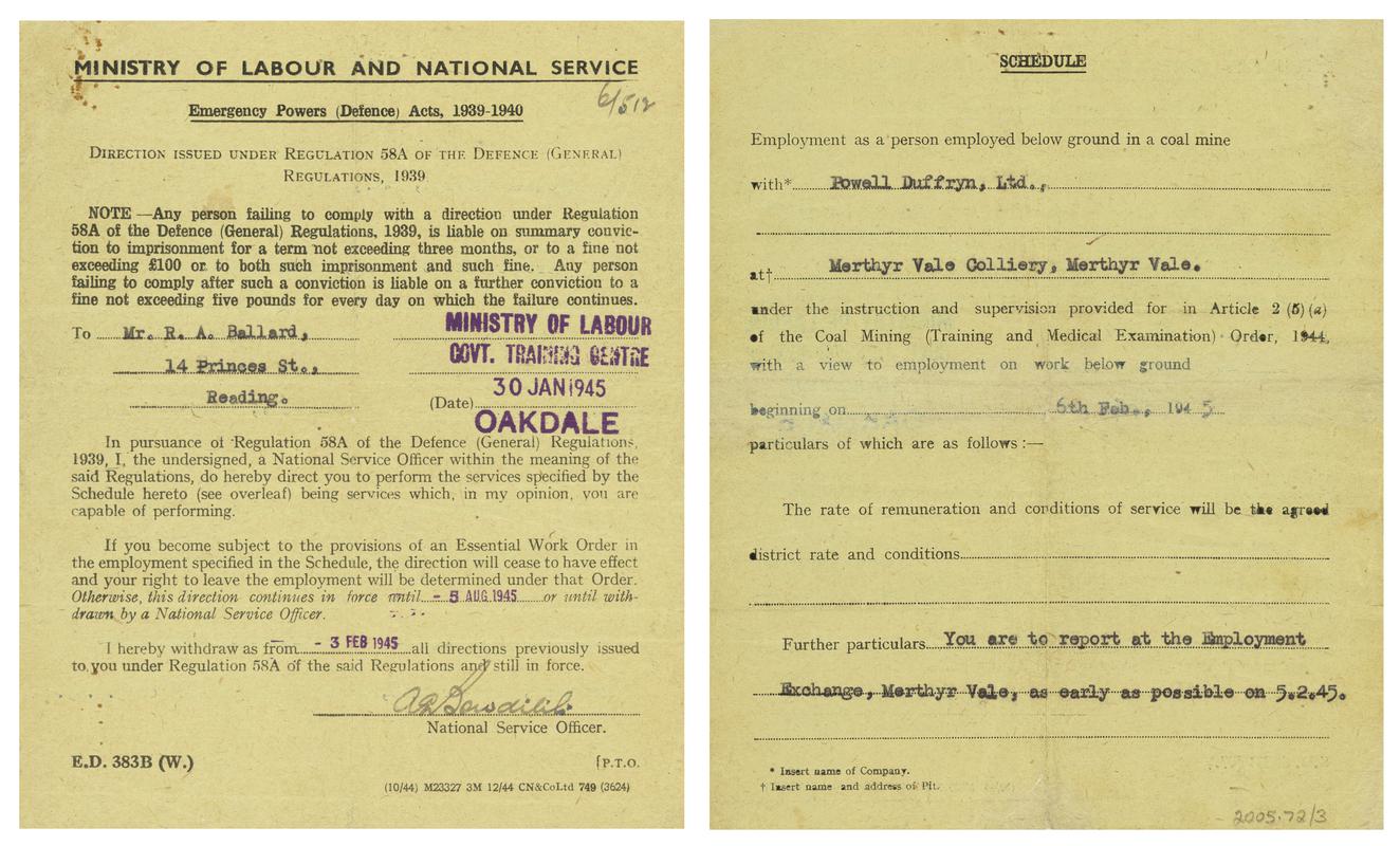 Papers relating to R.A. Ballard's Bevin Boy Service (front and back)