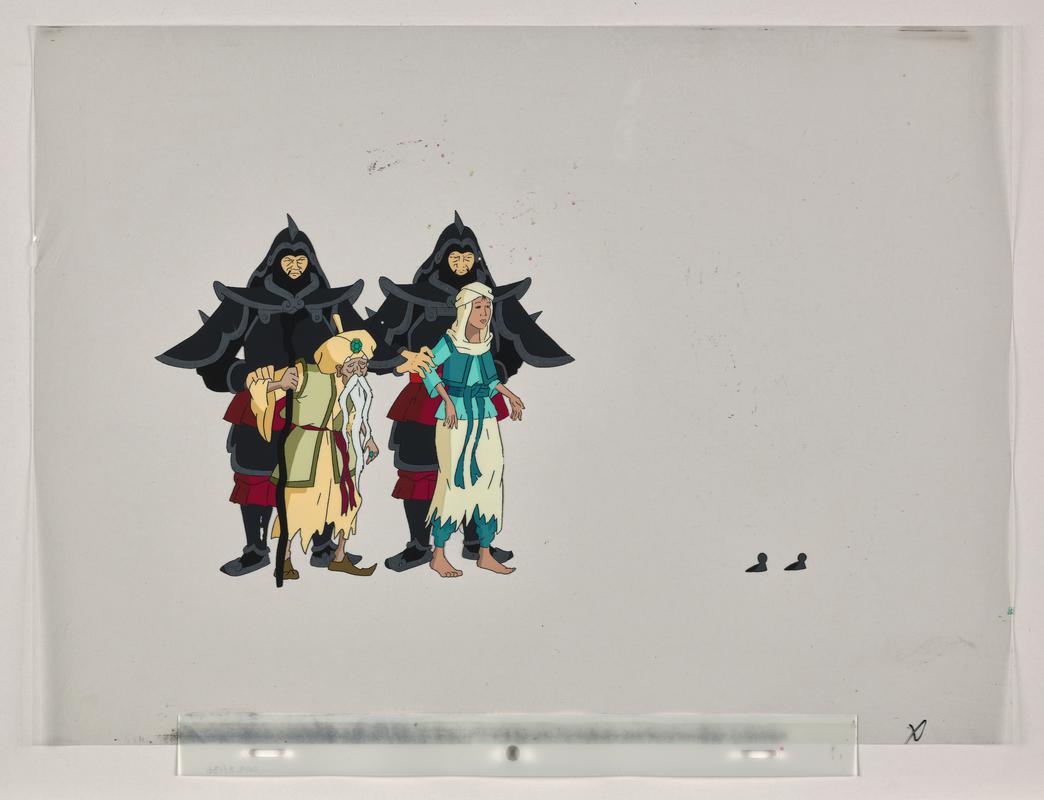 Turandot animation production artwork showing the characters Liu, Temur and two guards.