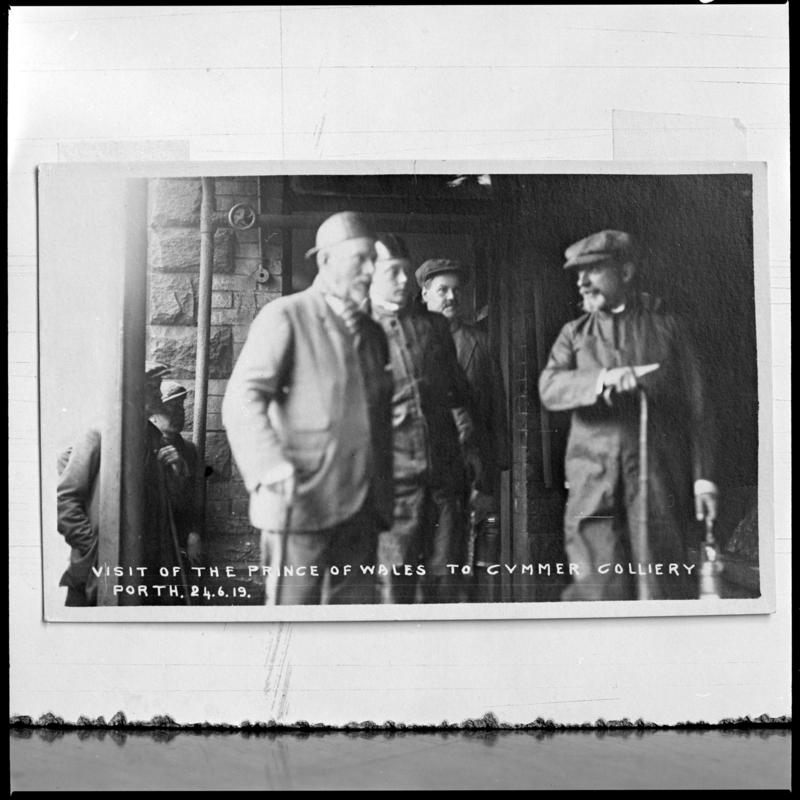 Black and white film negative of a photograph showing 'the visit of the Prince of Wales to Cymmer Colliery, Porth, 24 June 1919'.  'Cymmer Colliery, Prince of Wales 24/6/19' is transcribed from original negative bag.