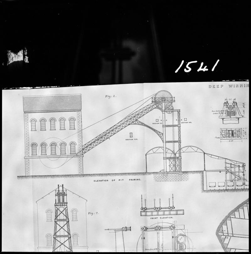 Black and white film negative showing a technical drawing of an 'elevation of pit framing'.