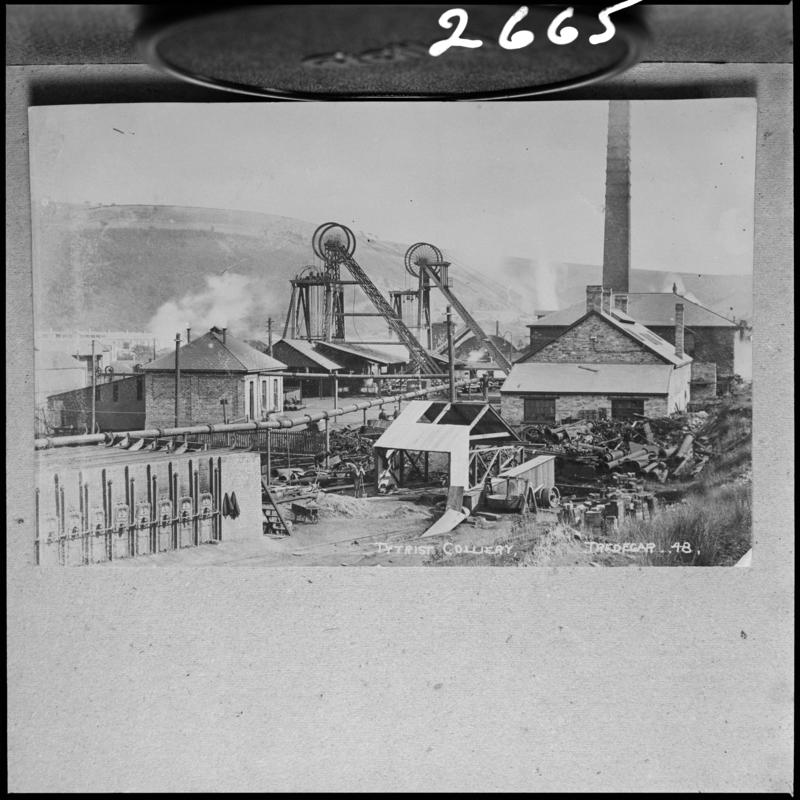 Black and white film negative of a photograph showing a surface view of Ty Trist Colliery, Tredegar.  'Ty Trist Colliery' is transcribed from original negative bag.