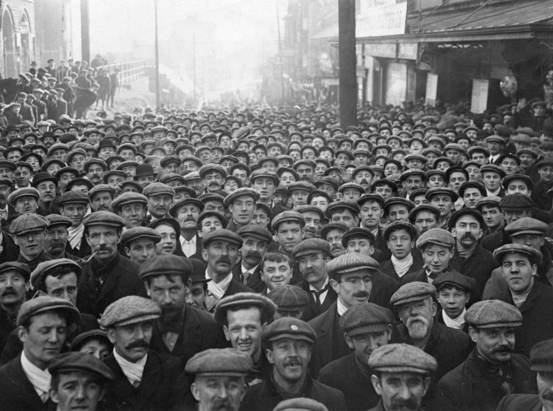 Cambrian Combine Strike. Crowd of miners in the main street of Tonypany.