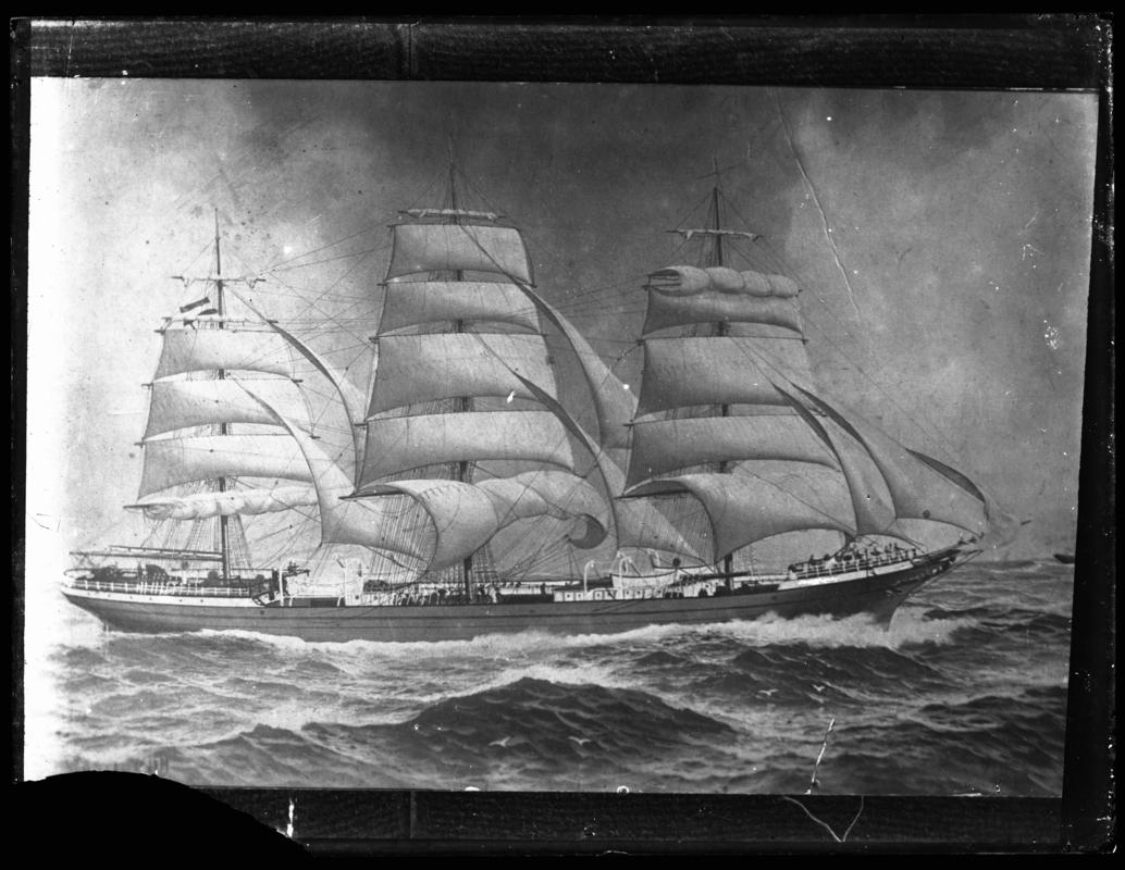 Photograph of painting showing a starboard broadside view of an unknown three-masted ship.



Broken glass negative.