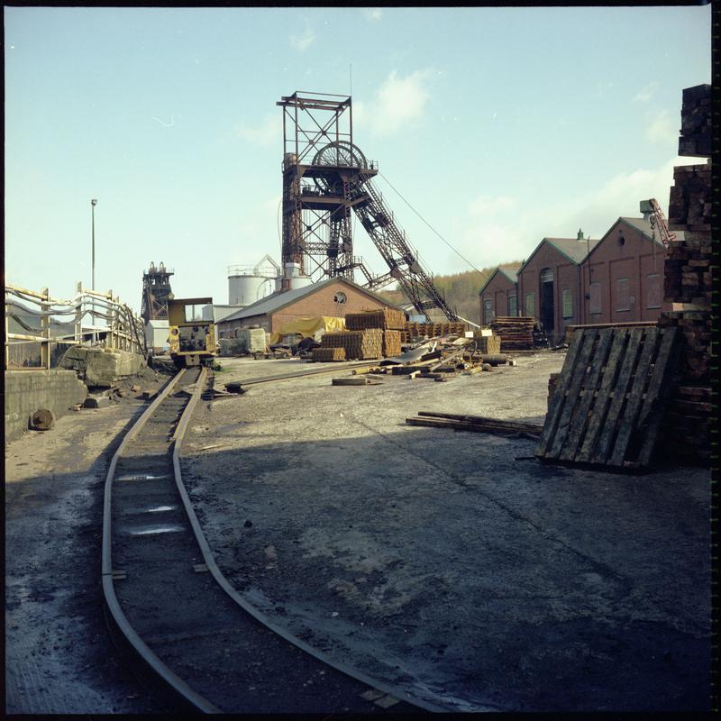 Colour film negative showing a surface view of Cefn Coed Colliery. 'Cefn Coed' is transcribed from original negative bag.  Appears to be identical to 2009.3/2459.