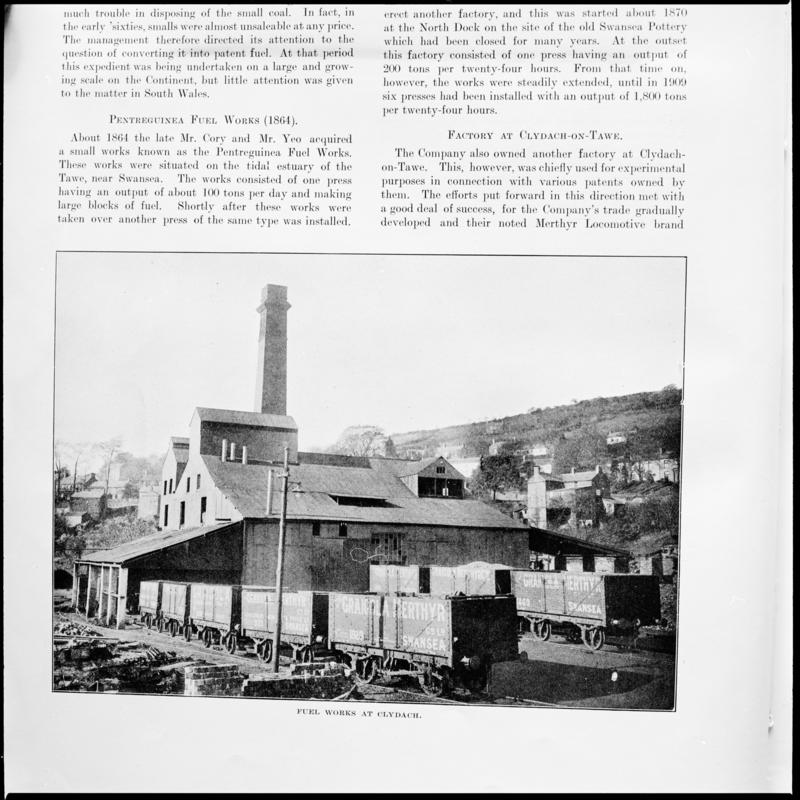 Black and white film negative showing the fuel works at Clydach Merthyr Colliery, photographed from a publication. 'Fuel Works Clydach' is transcribed from original negative bag.