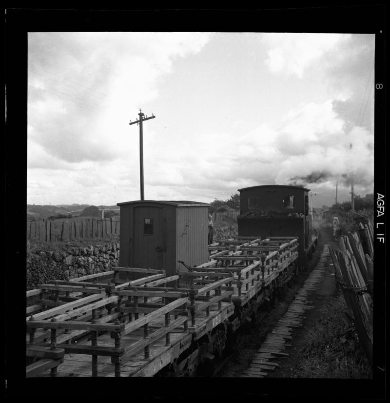 'Run' of empty slate wagons on transporter wagons - showing the Guard's Van, Padarn Railway, 1958-60.