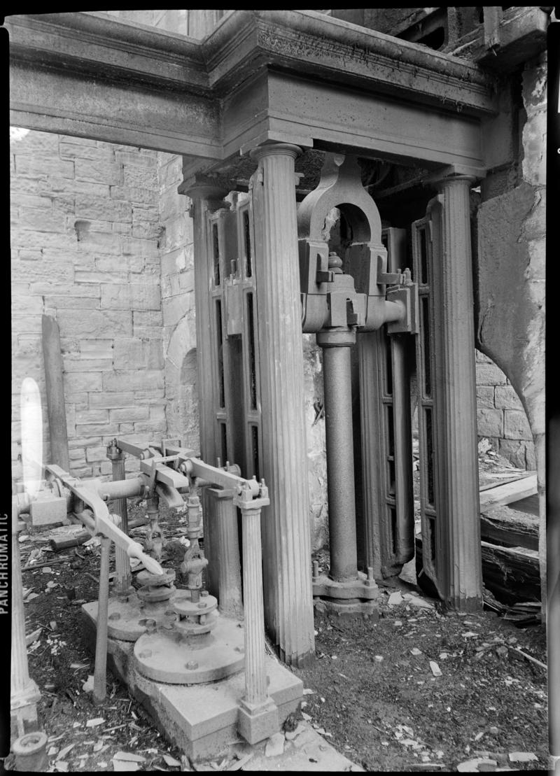Black and white film negative showing the vertical steam winding engine, Glyn Pits, Pontypool 1965.  'Glyn Pits' is transcribed from original negative bag.  Appears to be identical to 2009.3/752.