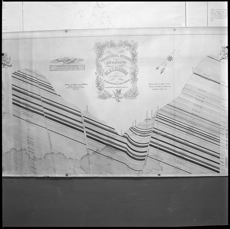 Black and white film negative showing a geological plan of Blaenavon.  'Geo section, Blaenavon' is transcribed from original negative bag.