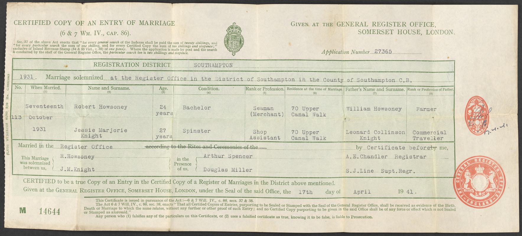 Marriage certificate