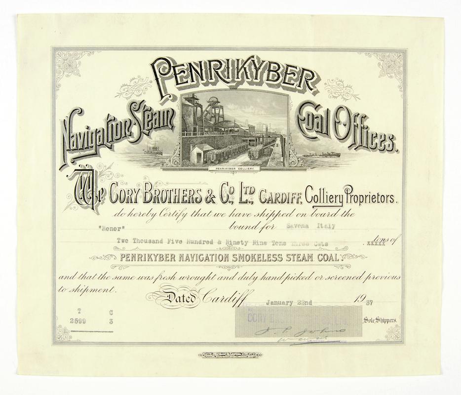Lading certificate for Penrikyber Navigation Steam Coal Offices, Cory Brothers & Co., Ltd., Cardiff. 2599 tons and 3 cwts shipped on the Honor to Savona Italy. Dated 22nd January 1937.